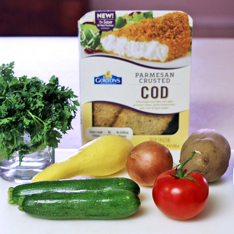 One Pan Parmesan Crusted Cod with Roasted Vegetables