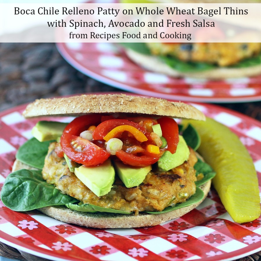 Boca Chile Relleno Patty on Whole Wheat Bagel Thins with Spinach, Avocado and Fresh Salsa