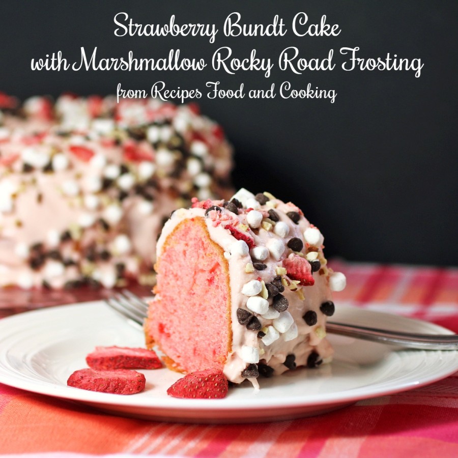 Strawberry Bundt Cake with Marshmallow Rocky Road Frosting