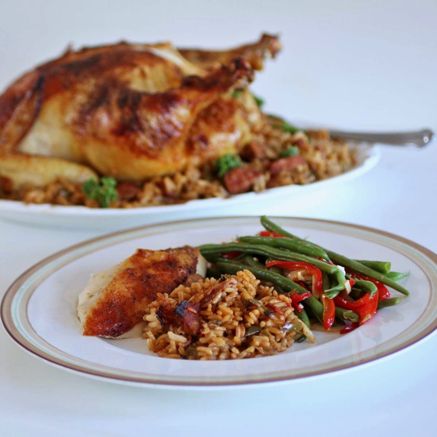 Zatarain's Roasted Chicken with Jambalaya Stuffing SundaySupper