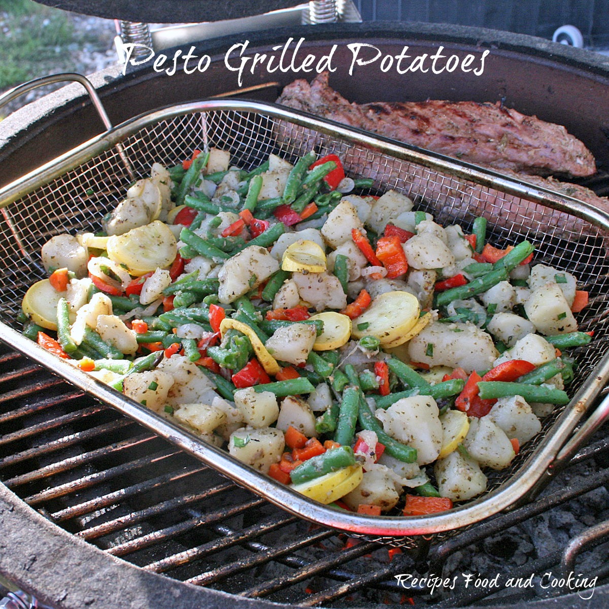 Grilled Pesto Potatoes, Beans, Peppers. Squash and Onions