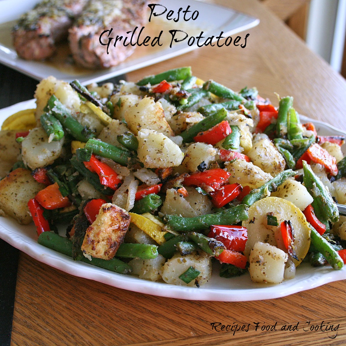 Grilled Pesto Potatoes, Beans, Peppers. Squash and Onions