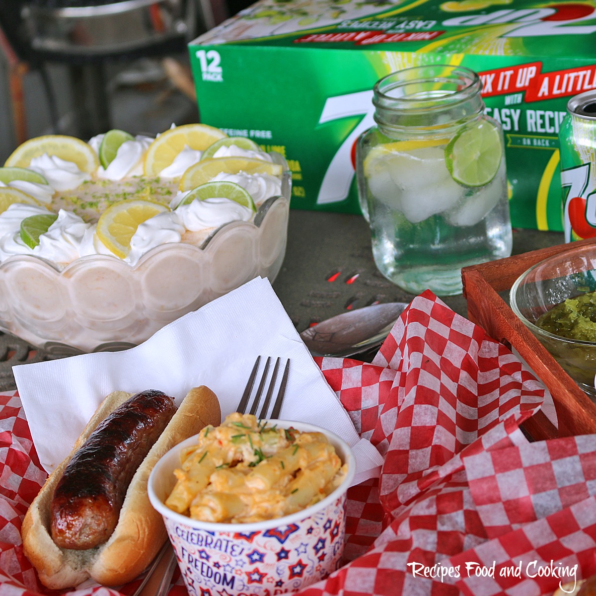 Grilled Johnsonville Brats with 7 UP Tropical Dream Salad